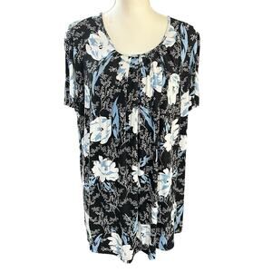 Anymeet Top Women Size 2XL Black Blue White Floral Pleated Boho Casual Blouse